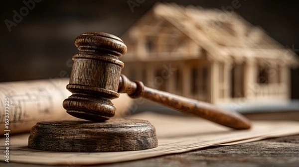 Fototapeta Wooden gavel rests on partially unrolled architectural blueprints beside a model of a house under construction, symbolizing real estate law and development.
