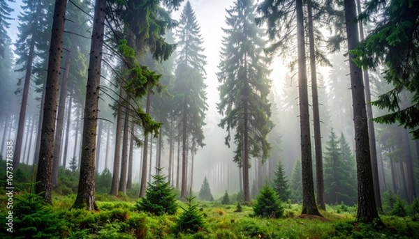 Fototapeta Evergreen trees stand tall in misty forest with lush green undergrowth in woodland