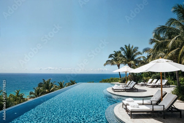 Fototapeta 
The resort's infinity pool is surrounded by white cushioned sunbeds, large white umbrellas, and a tropical atmosphere.