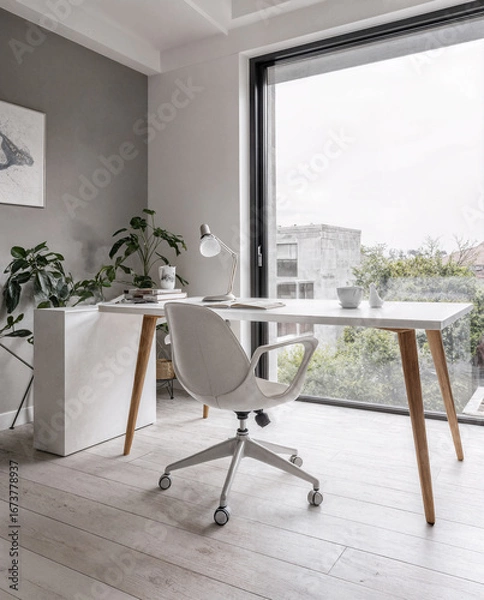 Fototapeta Modern Minimalist Home Office with White Desk and Large Window