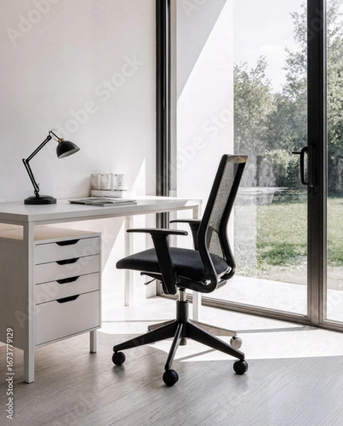 Fototapeta Modern Minimalist Home Office with White Desk and Large Window