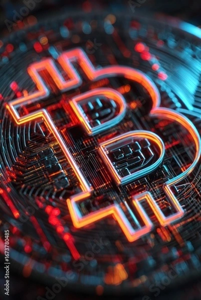 Fototapeta Bitcoin symbol, circuit board, glowing