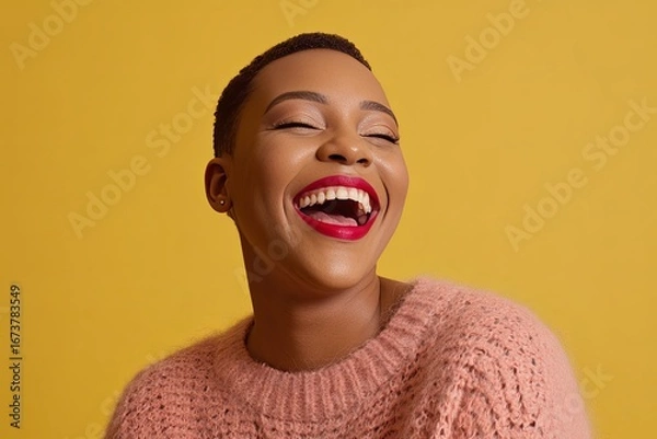 Fototapeta Joyful African Woman's Genuine Laughter and Radiant Smile on Yellow Background