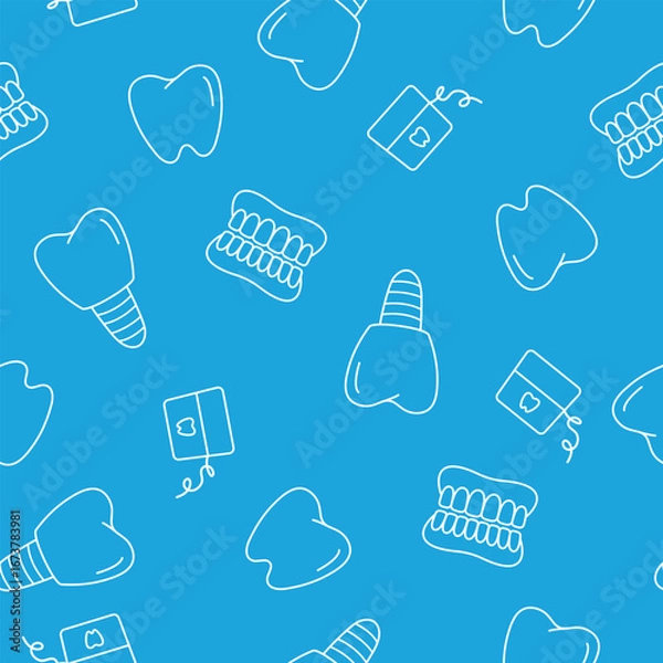 Fototapeta Vector seamless pattern with dental elements — teeth, implants, dentures, and dental floss on blue background.