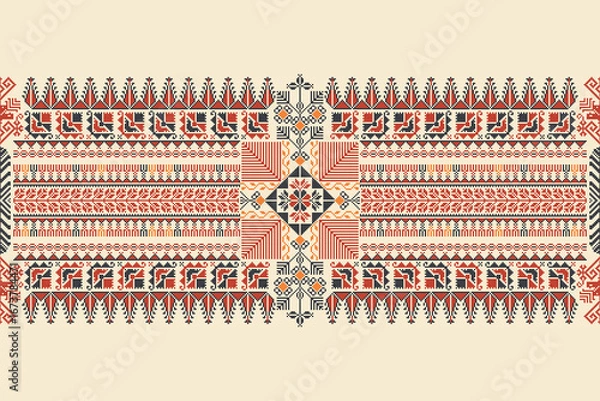 Obraz Traditional Tatreez embroidery horizontal seamless pattern, Palestinian border. Scalable vector design for print, background, template