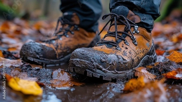 Obraz Muddy hiking boots on fallen leaves