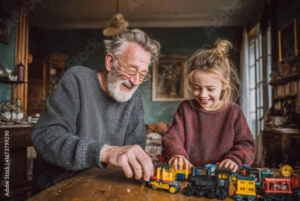 Fototapeta Creating fun memories with grandpa and daughter over toy trains