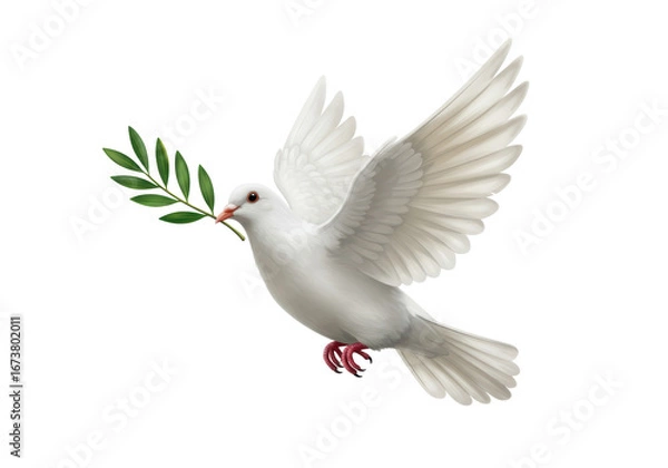 Obraz Isolated Flying Dove Carrying Olive Branch Symbolizes Peace and Hope for a Better World