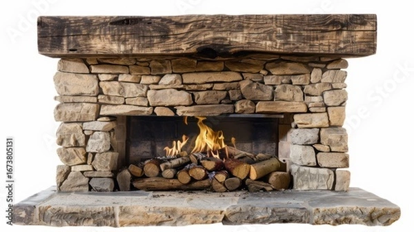 Fototapeta Rustic stone fireplace with burning logs