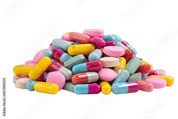 Fototapeta Pile of assorted colorful pills and tablets, isolated on white background
