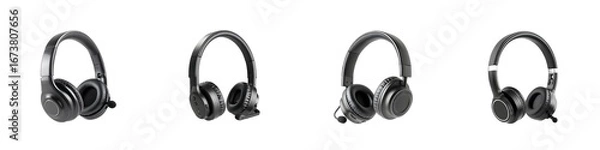 Fototapeta Set of black wireless headphones isolated on transparent background