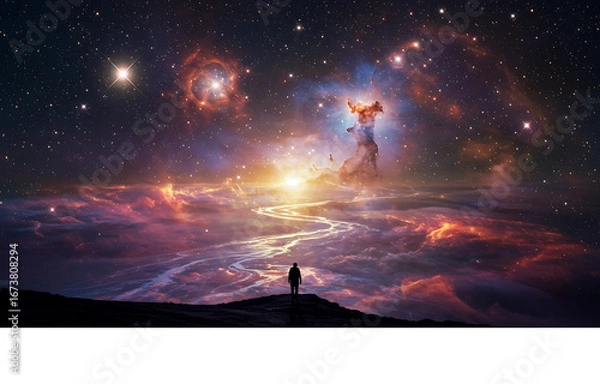 Fototapeta Solitary figure contemplating the vast universe on a mystical journey towards a celestial light in a fantasy landscape