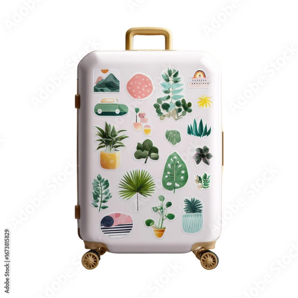 Fototapeta Summer travel suitcase with stickers isoleted on transparent background .