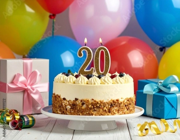 Fototapeta Celebrating with Style: A beautiful cake, balloons, and presents for turning 20.
