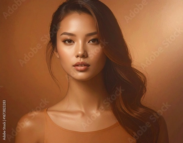 Fototapeta Brown Gradient Texture Background Mocha, Amber, and Warm Earthy Hues with a Beautiful Woman Portrait Blended into the Abstract Flow