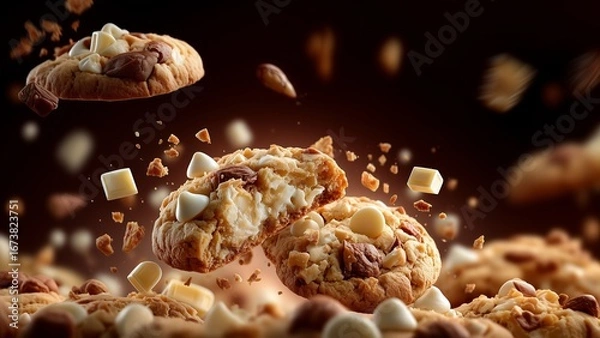 Fototapeta Delicious Cookies with Nuts and White Chocolate Chips. The image captures the delicious ingredients and textures in a lively, exciting way, perfect for a food advertisement, a bakery's social media.