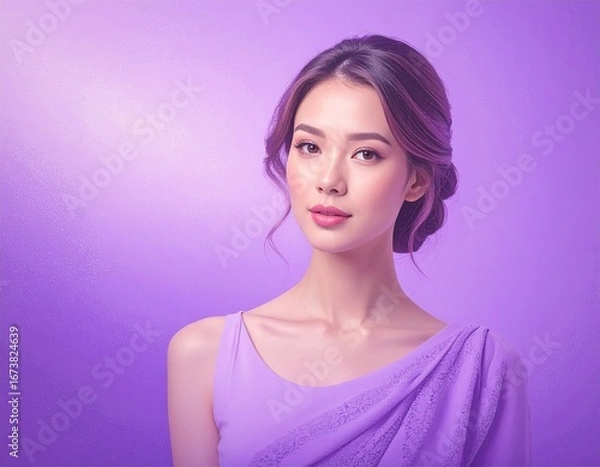 Fototapeta Background Lavender, Violet, and Deep Hues with a woman model, graceful silhouette, long wavy hair illuminated by soft violet glow, artistic portrait photography style