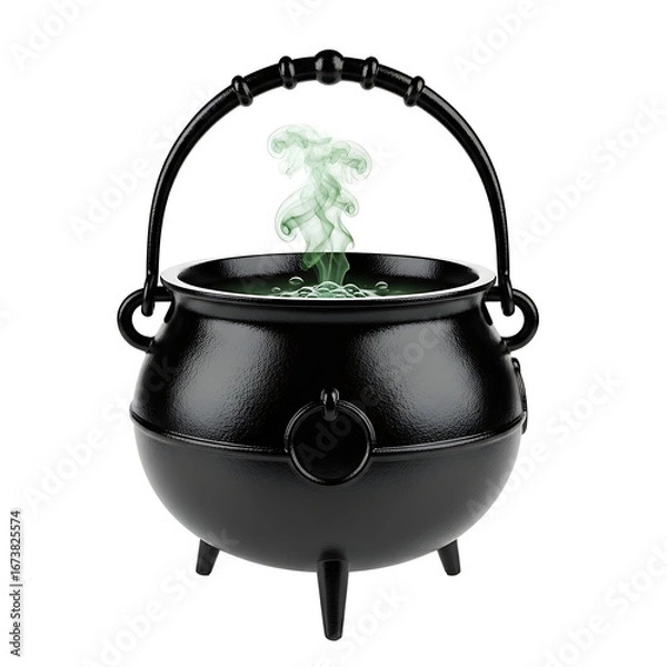 Fototapeta Black witch's cauldron with green potion and smoke : elements for halloween on transparent background