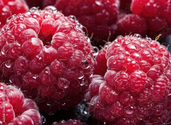 Fototapeta Macro Close-Up of Fresh Raspberries with Dew Drops
