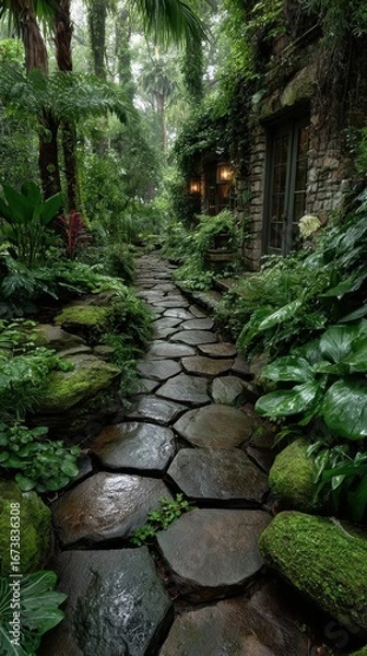 Fototapeta Tranquil garden pathway leads to a hidden stone cottage surrounded by lush greenery and vibrant foliage on a misty morning