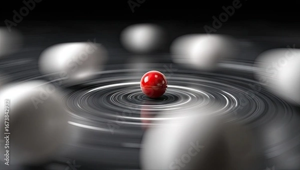 Fototapeta A single red sphere rests at the center of concentric ripples on a dark surface, surrounded by numerous off-white spheres that appear blurred due to motion
