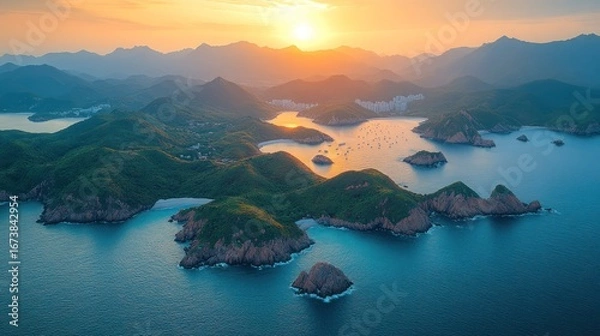 Obraz Sunrise over a lush bay dotted with islands