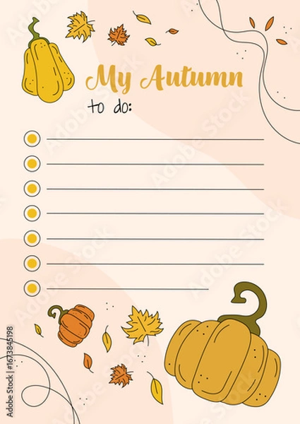 Fototapeta Cute autumn themed To Do list with gaps for text and pumpkins and falling leaves drawings. Vector illustration, reminding template.