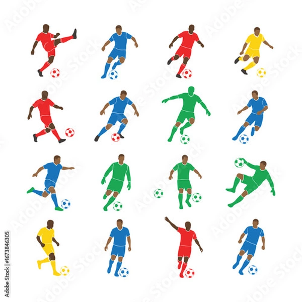 Fototapeta Colorful Soccer Player Silhouettes: Dynamic Action Poses, Flat Design, Sports Graphic.
