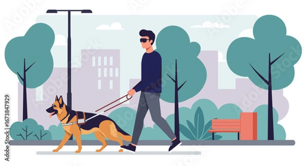 Fototapeta Blind man walking with guide dog in urban park, promoting accessibility and awareness for disabilities