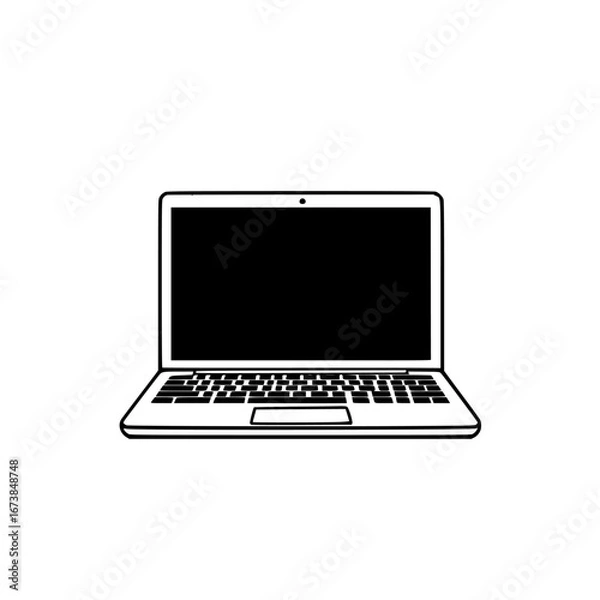 Fototapeta Minimalist black-and-white vector illustration of a laptop with a simple silhouette design, representing modern technology and digital lifestyle