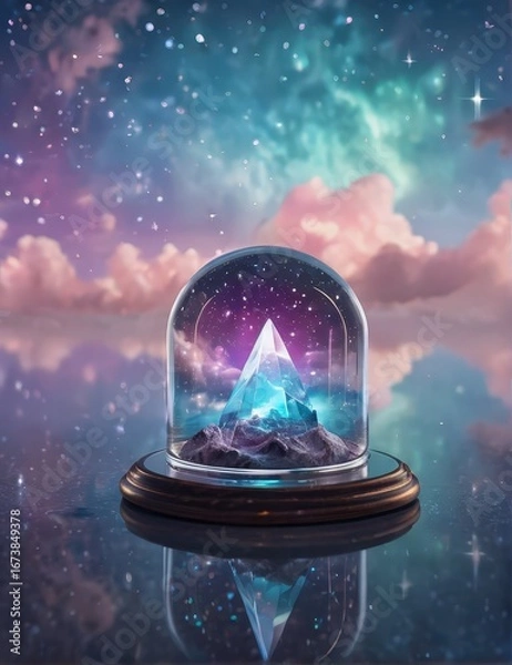 Fototapeta Glass Dome with Floating Geometric Shapes and Pastel Cosmic Background
