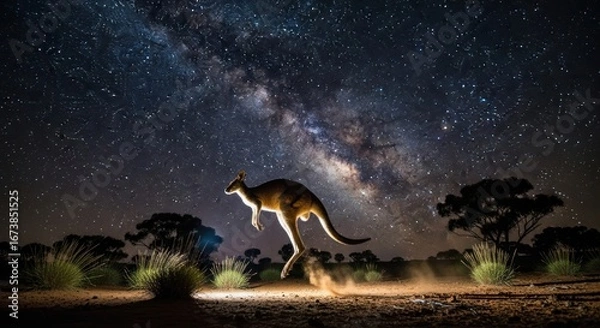 Obraz Kangaroo Leaping Under the Milky Way: A Stunning Nighttime Australian Landscape