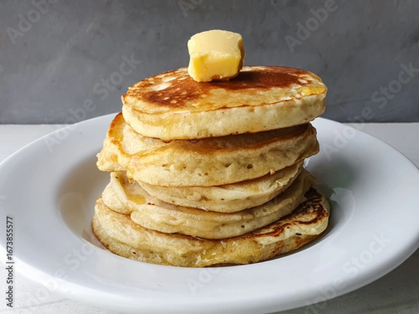 Fototapeta stacked pancakes with butter on a white plate and gray background