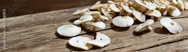 Fototapeta Macro Close-Up of Sliced Mushrooms on Wooden Surface