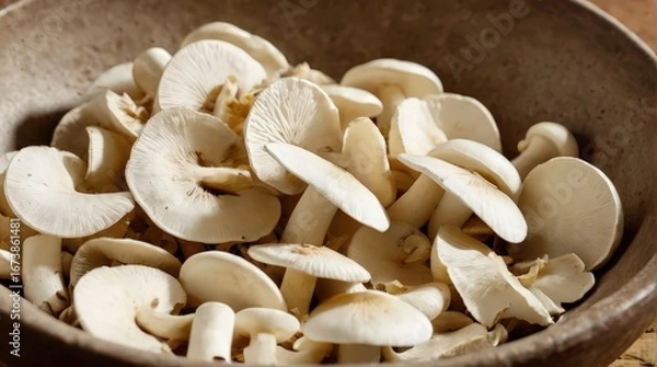 Fototapeta Close-Up of Sliced Mushrooms in Rustic Ceramic Bowl