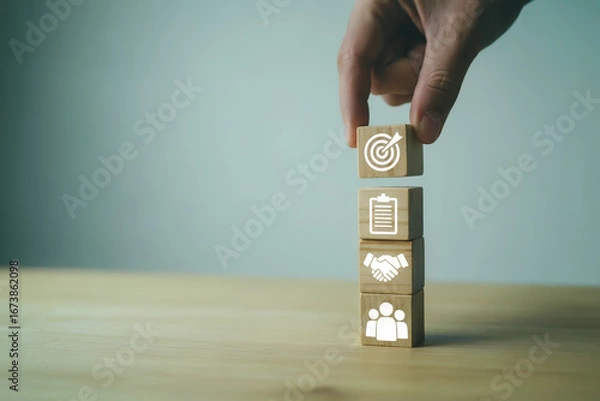 Fototapeta Stacked Success Blocks Concept Teamwork, Partnership, Planning, Goal Achievement, Project Strategy Visualization.