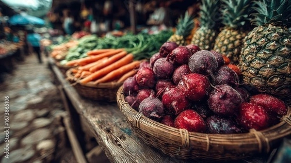Obraz Outdoor market stall on sunny day with colorful fruits and vegetables