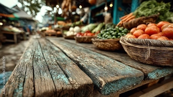 Obraz Rustic wooden table in foreground, blurred market background with fresh produce