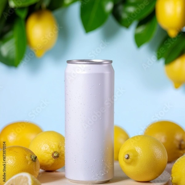 Obraz White Soda Can Mockup with Fresh Lemons on Blue Background