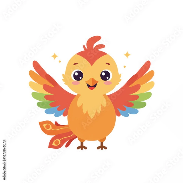Fototapeta Adorable cartoon phoenix with vibrant rainbow wings and a happy sparkling expression.