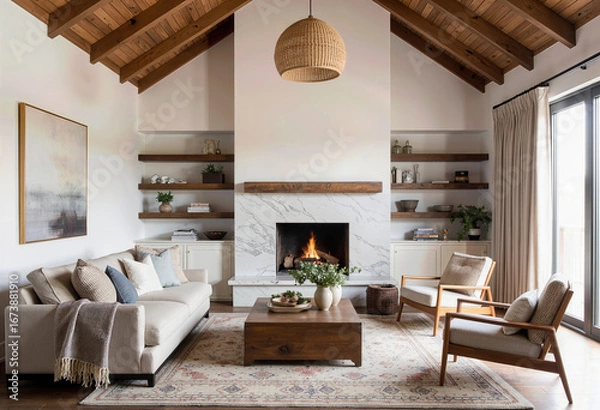 Fototapeta A bright and airy living room with a vaulted wood ceiling, a modern marble fireplace, and rustic floating shelves, creating a sophisticated coastal farmhouse feel.
