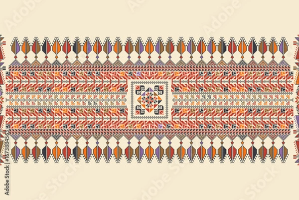 Obraz Traditional Tatreez embroidery horizontal seamless pattern, Palestinian border. Scalable vector design for print, background, template