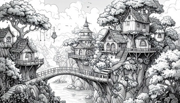 Fototapeta Highly Detailed Fantasy Treehouse Village Illustration with Intricate Bridges and Lush Natural Surroundings
