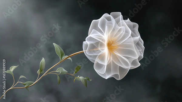 Fototapeta A delicate, abstract white flower with translucent, layered petals and a soft yellow center, gracefully curving on a slender, 
ethereal stem with small green leaves,dark gray or black background.