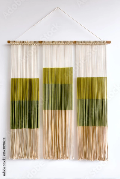Obraz A contemporary textile art piece showcasing gradient colors and natural fibers, perfect for modern home decor.