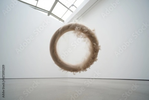 Fototapeta Ephemeral Circular Sculpture Suspended In White Room With Natural Light Flooding From Above