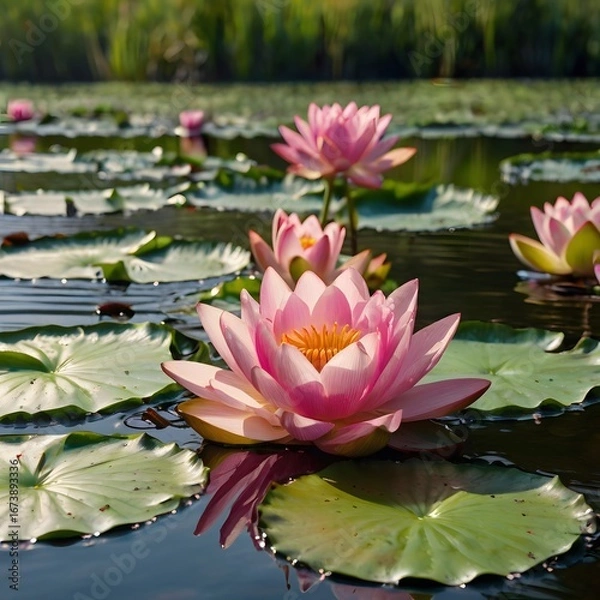 Obraz Vibrant Pink Lotus Flowers Floating on Serene Pond in Golden Afternoon Light Photography.