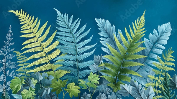 Fototapeta Mixed fern fronds in vibrant green and muted gray colors on deep blue backdrop, detailed botanical study, layered leaf patterns, nature photography style, forest undergrowth elements, artistic plant.