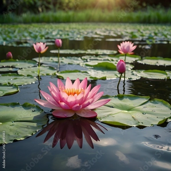 Obraz Vibrant Pink Lotus Flowers Floating on Serene Pond in Golden Afternoon Light Photography.