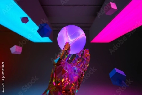 Fototapeta Futuristic Hand Interacting with Glowing Orb in Neon Light Room